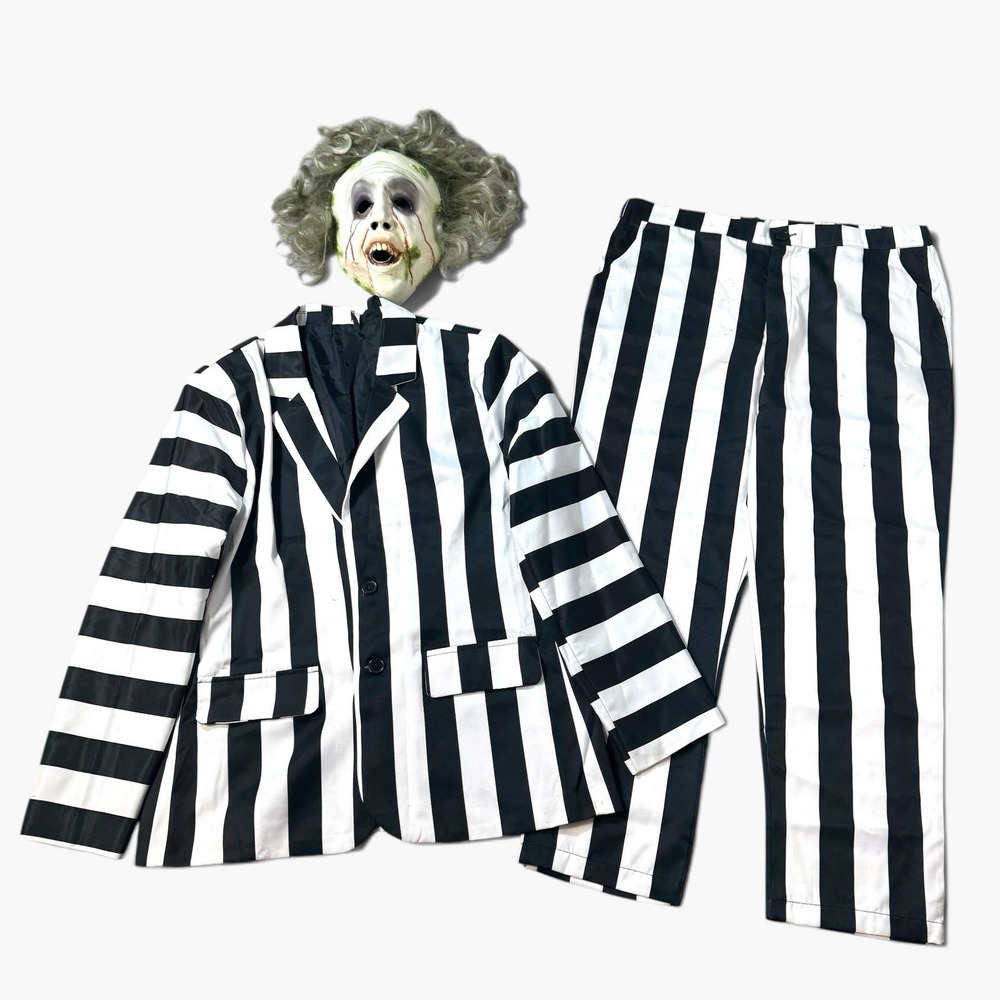 Spirit Halloween Beetlejuice Costume Adult XL SUIT AND MASK Striped Jacket Pants